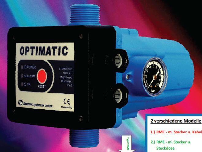 KIT Oprimatic RMC und RME, Druckregelautomat zum automatischen Ein- und Ausschalten von Pumpen, mit Manometer, Rückschlagventil, Trockenlaufschutz, komplett verkabelt mit Stecker und Kupplung für die Pumpe.<